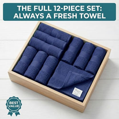 Sofea 100% Cotton Washcloths Set of 12, (12 x 12 Inch) 520 GSM Wash Cloths, Extra Soft Absorbent Quick Dry Face Towels - color: Navy Blue