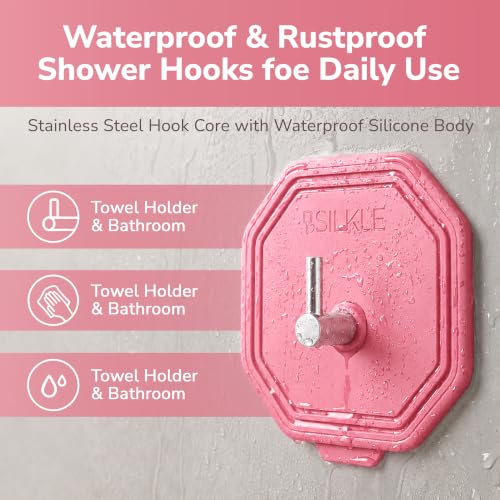 SILKLE Silicone Shower Hooks for Inside Shower, 2-Pack Adhesive Towel Hooks | Adhesive Shower Hooks, No Drill - Razor & Loofah Holders for Shower Wall, Heavy-Duty, Waterproof, Damage-Free - Pink - color: Pink