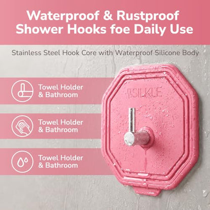 SILKLE Silicone Shower Hooks for Inside Shower, 2-Pack Adhesive Towel Hooks | Adhesive Shower Hooks, No Drill - Razor & Loofah Holders for Shower Wall, Heavy-Duty, Waterproof, Damage-Free - Pink - color: Pink