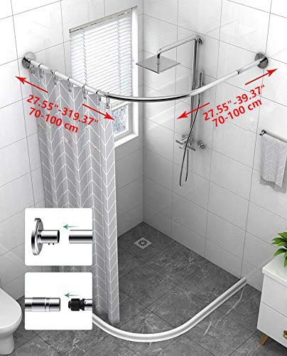 Corner Shower Curtain Rod Adjustable Stainless Steel L Shaped Rack Drill Free Install for Bathroom, Bathtub, Clothing Store (27"-39"x27"-39")
