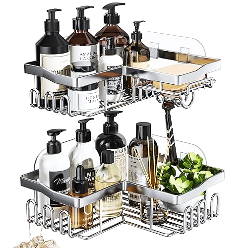 SWTYMIKI Shower Caddy Corner with Soap Holder, 2-Tier Stainless Steel Corner Shower Organizer with 11 Hooks, No Drilling & 6 Strong Adhesives Bathroom Shelf Organizer, Silver - 2 Tier - color: Silver-2 tier