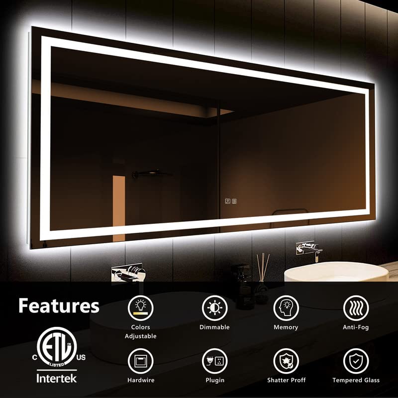 ROOMTEC 60x40 Inches LED Bathroom Mirror with Lights, Vanity Mirror with Front and Backlight, Smart Dimmable Anti-Fog LED Mirror for Bathroom, Memory Function, Tempered Glass (Horizontal) - size: 60"L x 40"W