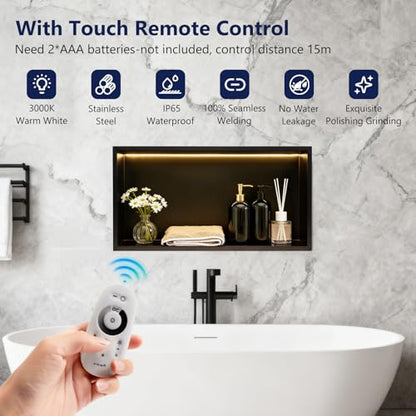 LED Shower Niche 24 X 12 Shower Niche No Tile Needed | 304 Stainless Steel Shower Niche with 3000K Warm Light, IP65 Waterproof Bathroom Niche for Shower, Remote Control, Seamless - color: Matte Black-warm White, size: 24" X 12"