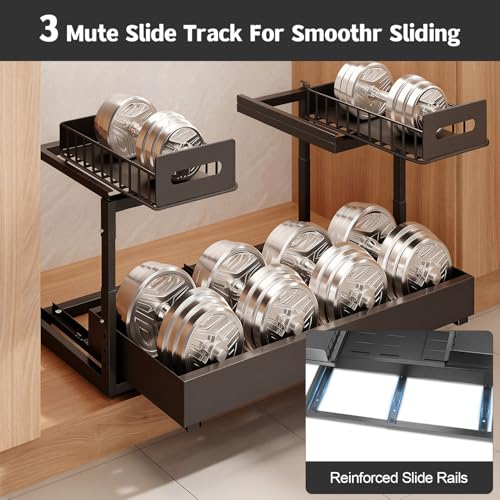 Expandable under cabinet organizer, 2-Tier under sink organizer with Reinforced Ball-Bearing slide rail, Slide-Out sink Shelf Height Adjustable, Durable and rust-proof for Kitchen & Bathroom