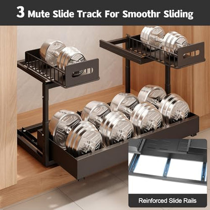 Expandable under cabinet organizer, 2-Tier under sink organizer with Reinforced Ball-Bearing slide rail, Slide-Out sink Shelf Height Adjustable, Durable and rust-proof for Kitchen & Bathroom