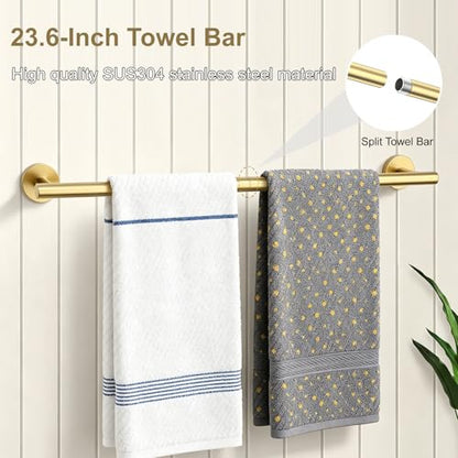 5 Pieces Brushed Gold Bathroom Accessories Set Bath Towel Bar Set | 24 Inch Towel Racks, 304 Stainless Steel, Modern Design, Sturdy and Rustproof, Easy to Install, Save Space, No Sharp Edges - color: Gold