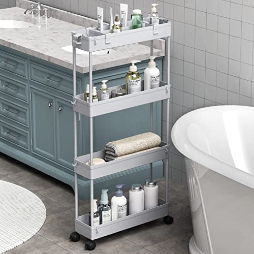 Slim Storage Cart 4 Tier,Bathroom Organizer Rolling Utility,Mobile Shelving Unit Slide Out for Office, Kitchen, Laundry Room & Narrow Places,Gray - color: Gray