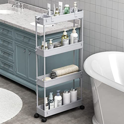 Slim Storage Cart 4 Tier,Bathroom Organizer Rolling Utility,Mobile Shelving Unit Slide Out for Office, Kitchen, Laundry Room & Narrow Places,Gray - color: Gray