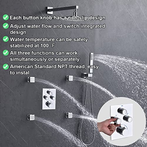 Rain Shower System,12 Inch Wall Mounted Rain Shower Head with Body Jets and Handheld Shower, Push Button Thermostatic Shower Faucet Set, Can Use all Options at a Time, Polished chrome - color: Polished Chrome, style: 12inch+4 body jets