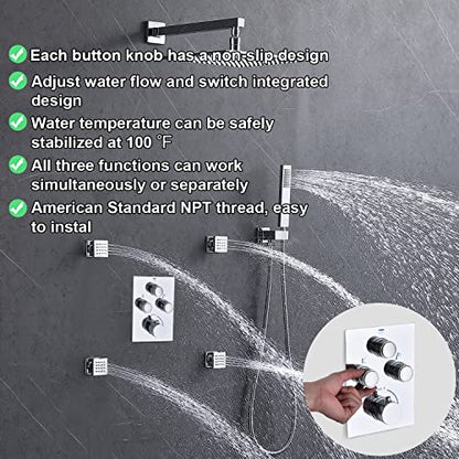 Rain Shower System,12 Inch Wall Mounted Rain Shower Head with Body Jets and Handheld Shower, Push Button Thermostatic Shower Faucet Set, Can Use all Options at a Time, Polished chrome - color: Polished Chrome, style: 12inch+4 body jets