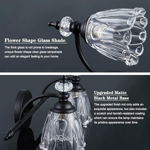 Matte Black Vanity Light, Farmhouse Bathroom Light Fixtures, 2 Light Bathroom Vanity Lights, Flower Glass Shade Wall Sconce Lighting - color: Black, size: 2 light