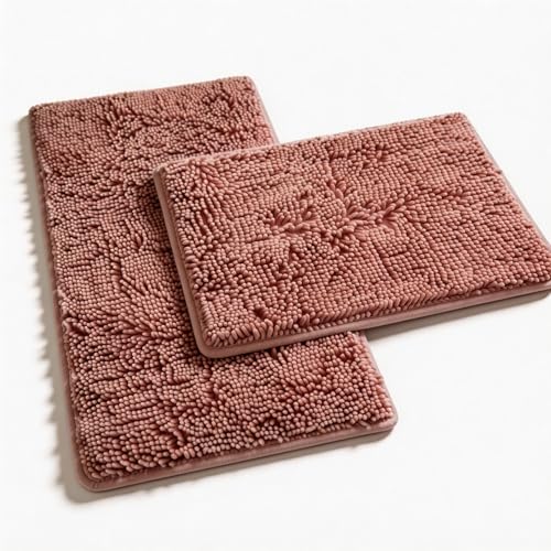 Chenille Bathroom Rugs Set 2 Piece Bath Mats for Bathroom Non-Slip Luxury Batroom Runner Rug Extra Soft and Absorbent Shaggy Rugs Washable Dry Plush - color: Coral Pink