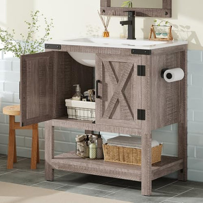 AMERLIFE 24" Gray Farmhouse Bathroom Vanity with Sink and Open Shelf | Light Gray, Single Solid White Integrated Top, Moisture-Resistant MDF, Barn Doors, Open Shelf, Paper Towel Holder - color: Light Gray, size: 24“