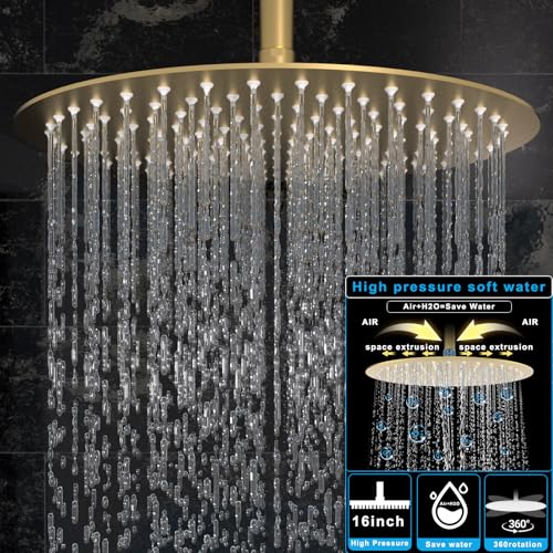 HOMEDEC 16" Round Ceiling Mounted Rainfall Shower System, 3 Way Shower Diverter Valve with 2-Function Handheld Shower and Body Jets, Brushed Gold - color: Brushed Gold, style: 3-Way