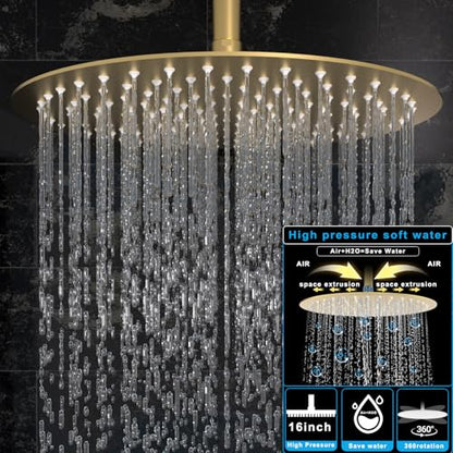 HOMEDEC 16" Round Ceiling Mounted Rainfall Shower System, 3 Way Shower Diverter Valve with 2-Function Handheld Shower and Body Jets, Brushed Gold - color: Brushed Gold, style: 3-Way