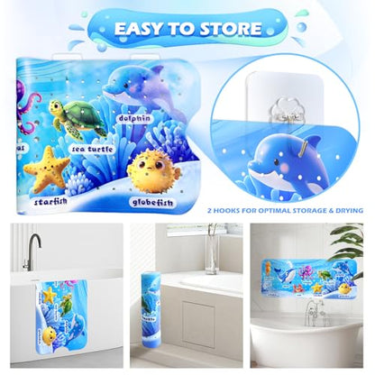 Baby Bath Mat for Tub Non Slip, 40 x 16 Inch with Drain Holes Suction Cups | Ocean animal PVC mat with 200 Suction Cups and 2 hooks, machine washable for clean, smooth, non-textured tubs shower inserts