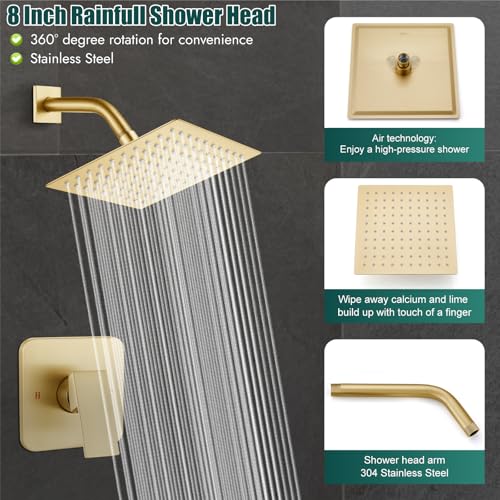 Heyalan 8-Inch Square Rain Shower Faucet Set with Valve, Brushed Gold | SUS304 stainless steel shower head, male NPT 1/2-inch valve, single-handle control, adjustable angle, 1.8 GPM - color: Gold