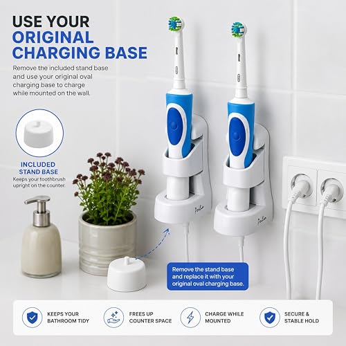 Perlin Electric Toothbrush Holder Wall Mount No Drilling Self Adhesive Toothbrush Organizer Charging Base Stand Waterproof Space Saving Bathroom Storage White