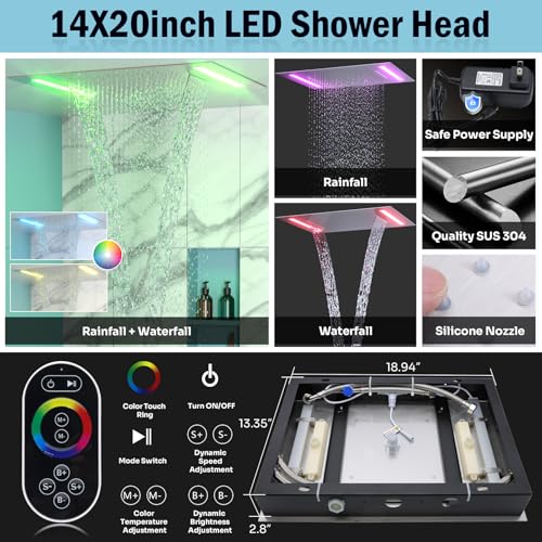 HOMEDEC Couples Luxury Shower System, LED 14x20" and 6" Side Shower Heads, 4-Way Diverter Valves Multi-Function Shower Faucet Set, Brushed Nickel - color: Brushed Nickel