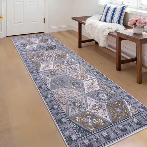 Moroccan Vintage Distressed Boho Geometric Dark Grey 2x6 Runner Rug | Washable Non Slip Throw Floor Long Carpet Runner for Hallway Entryway Kitchen Bathroom Bedroom Livingroom Light Grey - color: Dark Grey, size: 2' x 6' (Rectangular)