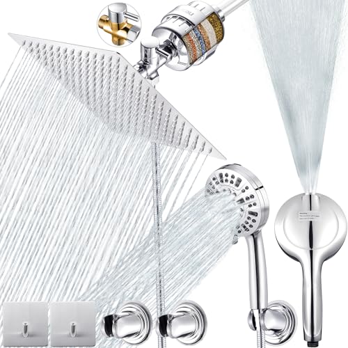 10" Dual Filtered Shower Head Showerhead Handheld Sprayer 20 Stage Water Filter Diverter 79" Hose Combo, Filtration Fixed Rain Rainfall, for Chlorine Well Water Hair Dry Skin, DSFC02 (square, 10") - style: Dual Shower & Filter Combo (DSFC02, 10")