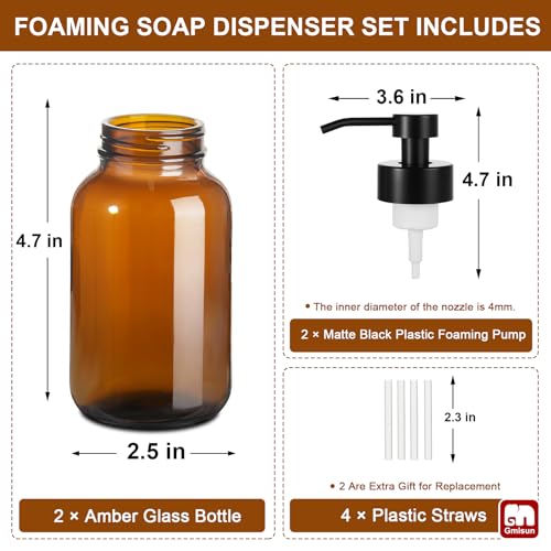 GMISUN Foaming Soap Dispenser, 8.5 fl oz / 250ml Amber Glass Foam Soap Dispenser for Bathroom & Kitchen, 2 Pack Modern Refillable Foaming Hand Soap Dispensers, Foam Pump Bottle with Waterproof Labels - color: Amber Bottle, size: 8.5 Fl oz without Silicone