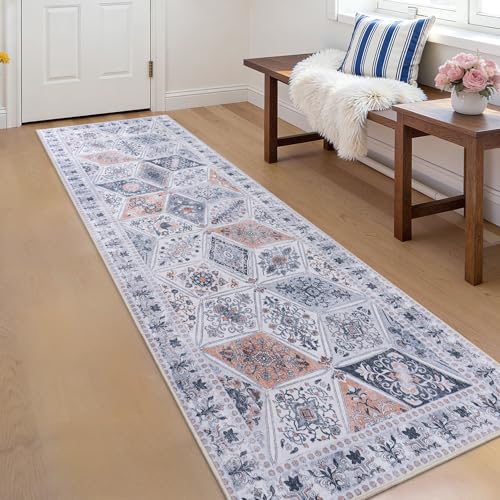 Moroccan Vintage Distressed Boho Floral Geometric 2x6 Runner Rug | Washable Non Slip Throw Floor Long Carpet Runner for Hallway Entryway Kitchen Bathroom Bedroom Livingroom Light Grey - color: Light Grey, size: 2' x 6' (Rectangular)