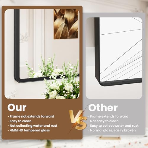 pertetey 36 x 30 in Rounded Rectangle Bathroom Mirror, Black Metal Frame | Black Metal Frame, Rounded Rectangle Design, Tempered Glass, Wall Mounted - size: 36”×30”