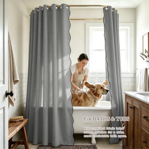 Furlinic Grey Shower Curtain Scalloped Waterproof No Hook 72x72 Farmhouse | Fabric Linen 72 Inch Heavy Duty Weighted Neutral Cute Modern Hotel Washable Elegant with Black Border Walk In Bath Curtains - color: Pebble Gray, size: 72"W x 72"L (Pack of 1)