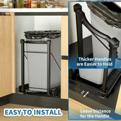 Pull Out Trash Can with Soft-Close for Kitchen Cabinets, Under Sink Drawer | Adjustable for 7-13 Gal can, Black Thick Handle & Frame, Up to 125 lbs Capacity, Fits 13"W x 18"D cabinets, Can Not Included