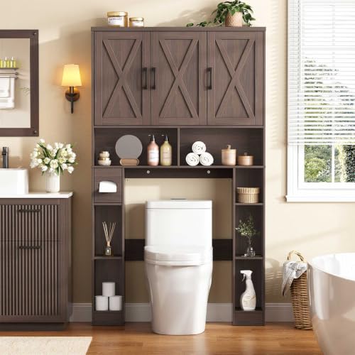Halitaa Over The Toilet Storage Cabinet with 3 Barn Doors.Espresso | Farmhouse Toilet Cabinet Rack, Space Saving Bathroom Organizer with Shelves, Toilet Paper Holder and Towel Rack for Bathroom. - color: Espresso, style: 3 Barn Doors