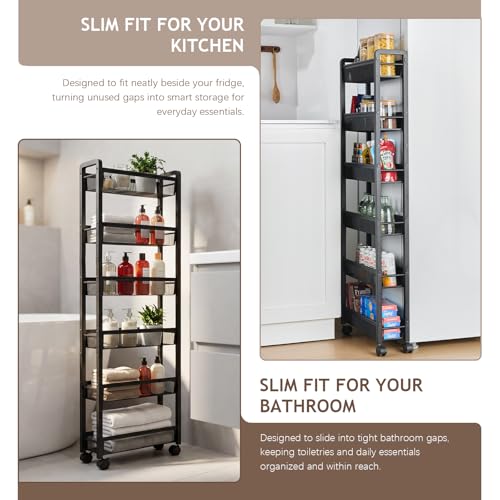 6 Tier Slim Rolling Storage Cart, Narrow Kitchen Storage Cart, Spice Rack Organizer with Wheels, Space Saving Shelf for Living Room, Laundry Room, Bathroom, Narrow Spaces