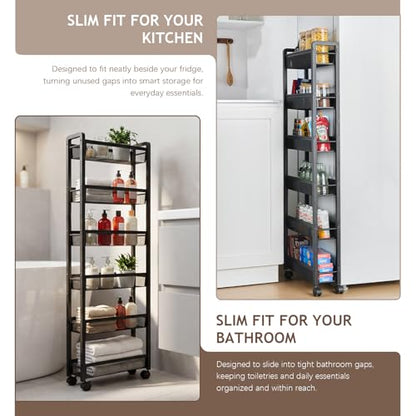 6 Tier Slim Rolling Storage Cart, Narrow Kitchen Storage Cart, Spice Rack Organizer with Wheels, Space Saving Shelf for Living Room, Laundry Room, Bathroom, Narrow Spaces