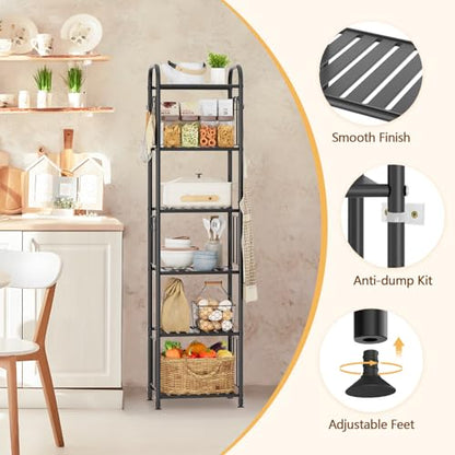 PouHenier.jh Tall Metal Narrow Skinny Shelf Unit for Bathroom, 6 Tier Black | Free Standing, Thin Shelving for Pantry or Kitchen, Slim Open Tower Rack, with 10 Hooks, Space Saving, No Tools Assembly