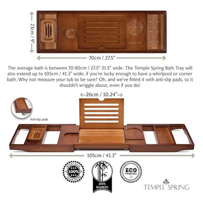 Bamboo Bathtub Tray Caddy for Tub — Expandable Wood Bath Tray with Solid Book Stand Wine Holder and Non-Slip Pads — Includes Bamboo Soap Dish and Spa Accessories — Luxury Bath Gift Set - color: Brown