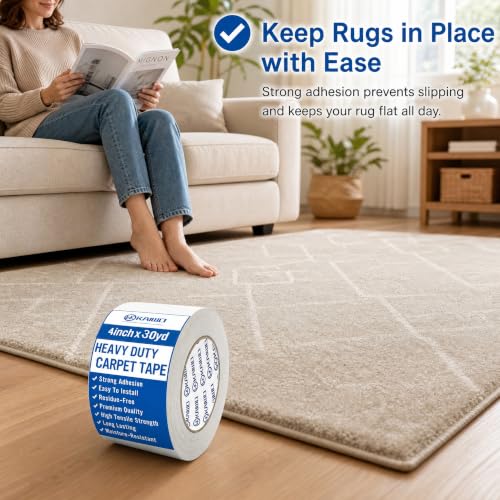 Heavy Duty Carpet Tape 4 Inch x 30 Yards, Extra Wide Double Sided Rug Gripper for Hardwood Floors, Strong Adhesive Non-Slip Tape for Area Rugs, Runners & Mats, High Tack & Durable Hold
