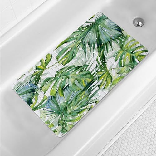 Green Leaves Bathtub Mat Non Slip Palm Leaf Bath Shower Mat 15x27 Tropical Banana Leaf Bath Tub Mat with Drain Holes Suction Cups Washable Botanical Monstera Bath Mat for Tub for Bathroom - color: Leaves