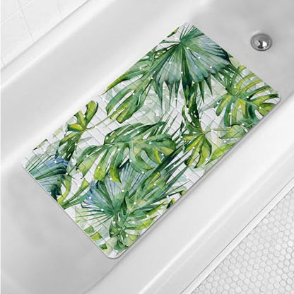 Green Leaves Bathtub Mat Non Slip Palm Leaf Bath Shower Mat 15x27 Tropical Banana Leaf Bath Tub Mat with Drain Holes Suction Cups Washable Botanical Monstera Bath Mat for Tub for Bathroom - color: Leaves