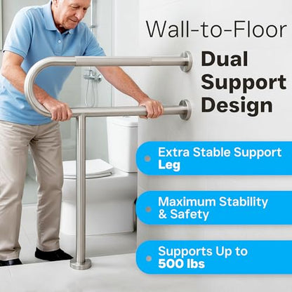 28 Inch Toilet Grab Bar with Leg for Bathroom, Wall & Floor Mounted Stainless Steel Handicap Grab Bar, Brushed Nickel Anti-Slip Knurled Grip, Safety Rail for Elderly, Disabled and Pregnant - size: 28 Inch