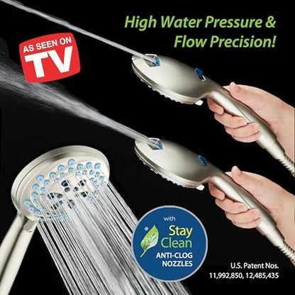 AquaCare New 8-mode High Pressure Handheld Shower Head w/ 2-way Power Wash | Stay Clean Nozzles, Dual Power Wash for Tub, Tile & Pets, Long 6 ft. Stainless Steel Hose, Wall & Overhead Brackets / Nickel - color: Nickel