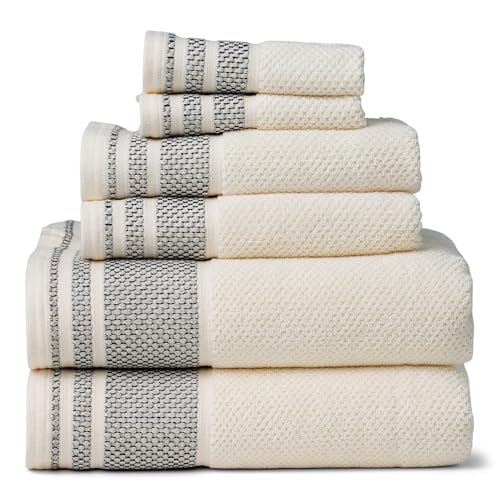 Texere 100% Organic Cotton Rice Weave Jacquard 700 GSM Luxury Bath Towel Set - 2 Large Bath Towels, 2 Hand Towels, 2 Washcloths (Rice Weave, Cream w/Blk, 6 Piece) - color: Cream W/ Black Contrast (Rice Weave)