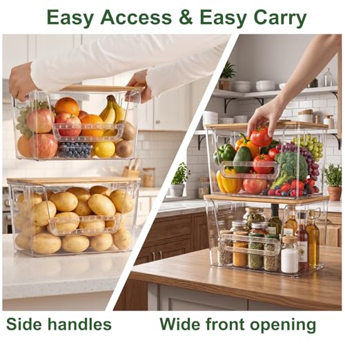 FUSHITON 2 Set Pantry Organizers, Clear Trash Bag Holder with Bamboo Lids | Stackable Trash Bag Dispenser for Potato, Onion, Garlic, Storage Bins for Kitchen Under Sink, Laundry Room
