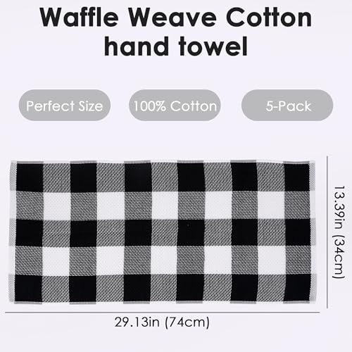 5-Pack Buffalo Plaid Hand Towels - 100% Cotton Waffle Weave, 13x29 Inch - Soft, Absorbent & Quick Dry Dish Cloths for Kitchen and Bathroom Decor, Farmhouse Style (Black & White)
