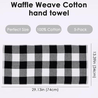 5-Pack Buffalo Plaid Hand Towels - 100% Cotton Waffle Weave, 13x29 Inch - Soft, Absorbent & Quick Dry Dish Cloths for Kitchen and Bathroom Decor, Farmhouse Style (Black & White)