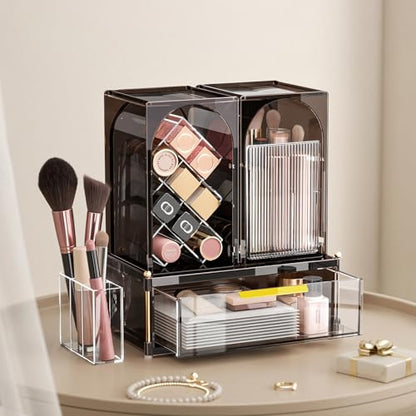 INVSSENE Stackable Makeup Organizer Countertop, Storage Perfume Skincare Cosmetic Lipstick Face Mask Makeup Brush Palettes, Ideal for Vanity Bathroom Counter - color: 3515 Coffee+Clear