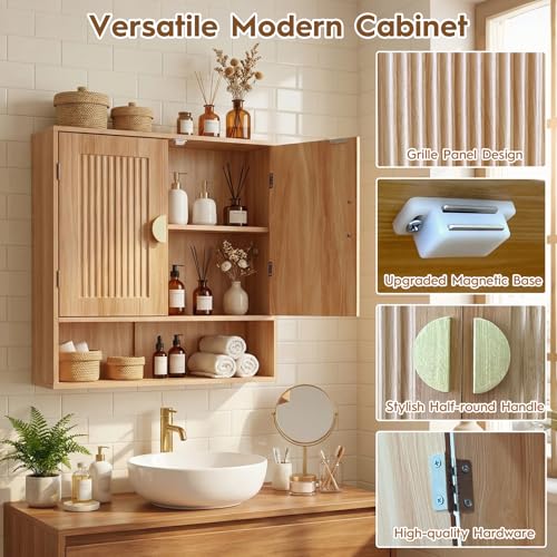 Mazatzal Bathroom Wall Cabinet, Wooden Medicine Cabinet with Adjustable Shelf & Grille Design Doors, Over the Toilet Storage Cabinet for Bathroom, Laundry, Kitchen, Living Room