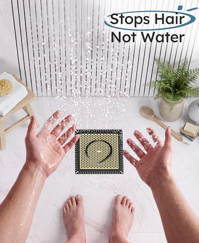 Square Shower Drain Hair Catcher, Anti-Clogging, 6 inch | 304 Stainless Steel and TPE Material/ Not Moving / Easy Clean / Fast Drainage / Fits Bathroom Hair Catcher for Shower - color: Matte Black & Brushed Gold, size: 6 inch