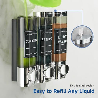 Shampoo and Conditioner Dispenser,Shower Soap Dispenser 3 Chamber No Drill Wall-Mounted Shampoo Dispenser for Shower Wall Mounted Shower Dispenser for Bathroom Hotel Large Capacity, Clear Bright - color: Clear Bright 3 Chamber
