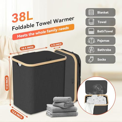Towel Warmer & Laundry Hamper 2-in-1, Black Foldable Towel Warmer for Bathroom with Removable Heating Bag, 20/40/60Mins Timer, Auto Shut-Off, 38L Fits 2 to 3 Large Towels PJs Blankets