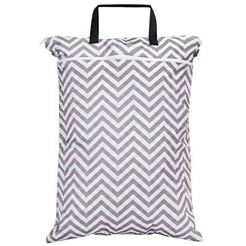 Teamoy Cloth Diapers Wet Dry Bag, Travel Tote Organizer, L, Beige Chevron | Waterproof, Reusable, Hanging Wet Bags with Two Compartments, for Swimsuits, Towels, Clothes, Laundry, Beach, Pool, Gym - color: Gray Chevron, size: Large (Pack of 1)